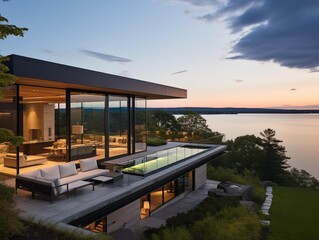 Fototapeta premium Family Enjoys Modern Home Overlooking Lake at Dusk