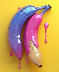 Two pink and blue bananas covered in dripping purple and pink paint on a yellow background, minimal concept. Raw fruit. Nutrition and art.