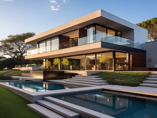 Fototapeta premium Family enjoys their modern home on a sunny evening