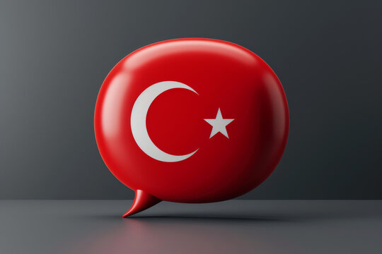 speech bubble with the turkish flag, symbolizing language learning, communication, and turkish linguistic education on a gray background