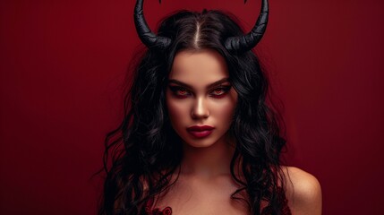 Fototapeta premium Portrait of attractive pretty woman stunning gorgeous alluring bloody scary naughty girl vampire demon isolated on dark red maroon burgundy marsala color background with copy space.