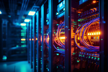 A backdrop of a server room with network cables and lights, network, dynamic and dramatic compositions, with copy space
