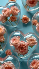 The pattern of heart-shaped plastic transparent balls filled with roses on a blue background, viewed from above, arranged flatly, in a minimal concept, in the style of fashion photography. Romance.