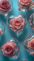 The pattern of heart-shaped plastic transparent balls filled with roses on a blue background, viewed from above, arranged flatly, in a minimal concept, a pastel aesthetic color palette.