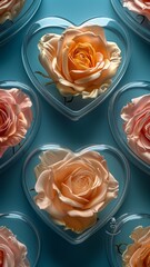 Small heart-shaped plastic boxes with pink and yellow roses inside, on a blue background, seamless pattern. Love, romance, valentine, wedding. 