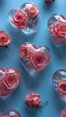The pattern of heart-shaped plastic transparent balls filled with roses on a blue background, viewed from above, arranged flatly, in a minimal concept, a pastel aesthetic color palette.