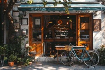 Naklejka premium Cyclist Enjoying a Morning Coffee Outside a Quaint Café, Showcasing a Relaxed Urban Lifestyle and Bicycling Enthusiasm