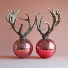 Two dark brown deer antlers and two red disco balls on a pink background, minimal concept photography.  Merry Christmas. New Year. Celebration.