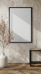 Elegant mockup of a blank poster frame on a textured wall beside a vase with dried plants and a sleek side table