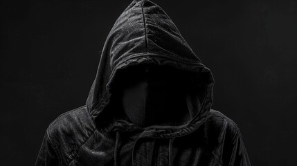 Faceless man in hoodie standing isolated on black, concept of hacker, thief, dark demon, mysterious creature, Halloween character, secret.