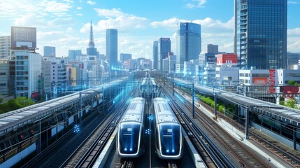 Two futuristic bullet trains traveling in opposite directions through a bustling urban landscape with digital enhancements.