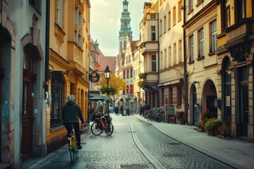 Naklejka premium Cyclist's Journey through Historic European City Center - Cultural Active Lifestyle Scene
