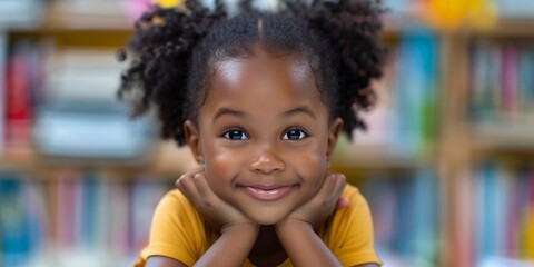 Adorable African American little girl smiling and looking at the camera while sitting and learning in a library with chin on hands on stacking of books, study, learning, reading habit education.