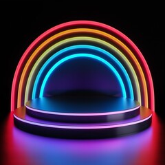 3d Glowing rainbow neon light product display podium on dark background, tech style rainbow colorful pedestal showcase, for technology product, fantasy platform stage, nightclub sign frame, futuristic