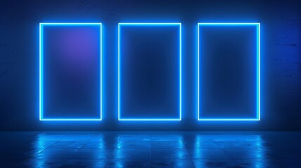 Three blue neon glowing blank picture frames on dark navy background for showcase exhibition or display of goods, event signs, mock up of menu, night club, film posters.