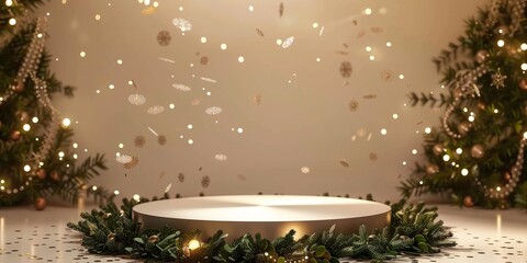 3d graceful beige product display podium on green fir and shiny golden glitters background, for cosmetic, Christmas gift, winter holiday presents and beauty related product show and display.