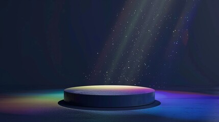 Empty navy display podium with rainbow light ray and reflections on minimal dark blue navy background, show stage pedestal for miracle, fantasy successful product curation and display, with copy space
