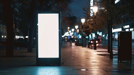 Mock up of light box on the bus stop at night, blank white billboard in night street outdoor, for advertising mock up, vertical digital billboard poster on city street bus stop sign at night. 