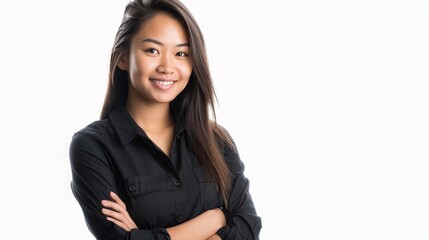 Portrait of confident smiling young Asian woman arm crossed standing isolated on white background with copy space, concept of woman leader, businesswoman, confident young woman, woman at work.