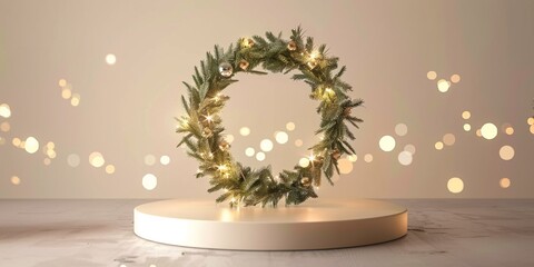 3d graceful beige product display podium on green fir and shiny golden glitters background, for cosmetic, Christmas gift, winter holiday presents and beauty related product show and display.