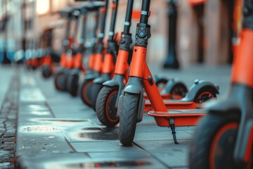 Fototapeta premium Row of Red Electric Scooters on Urban Street