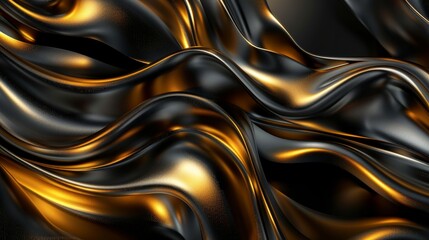 Dark Golden and Black Abstract 3D Liquid Chrome Flow Background