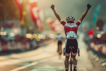 Triumphant Cyclist Crossing Finish Line in Competitive Road Cycling Race - Victory, Emotion, Achievement