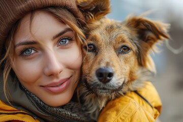 Female volunteer holds on hands dog in shelter. Shelter for animals concept