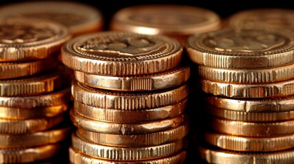 Piles of stacked coins in sharp focus on a dark background highlighting details and the texture of the metal used in their manufacture