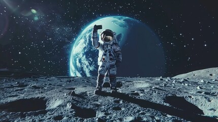 Obraz premium Astronaut's selfie on the moon with Earth photobombing, capturing a fun and modern take on a classic space theme. Moon landing