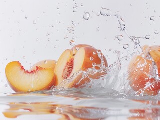 peaches on splashes water on white background
