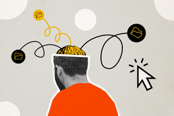 Composite photo collage of young man programmer sit back cut head brain memory folder concept mouse click tab isolated on painted background