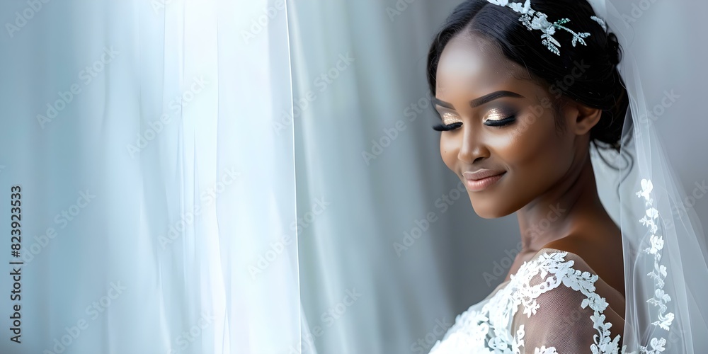 Wall mural african bride in a white wedding dress standing by a window on a morning. concept wedding photograph - Wall murals