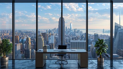A panoramic view of a bustling city skyline from a modern office with large glass windows, showcasing spacious interiors and urban architecture
