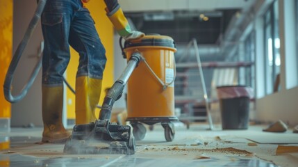 A janitor using a industrial vacuum to clean up debris and dust from the renovation process.