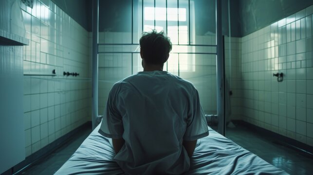 Back view of a solitary young man sitting on a prison bed facing a window, conveying a sense of hope amidst confinement