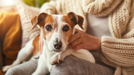 Heartwarming image capturing an elderly woman gently petting her beloved jack russell terrier sitting on her lap