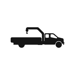 Truck manipulator vector icon. Black car with crane vector. Tow truck icon. Wheel loader logo. Truck silhouette vector. Vector illustration.