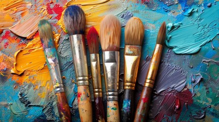 Obraz premium A stunning arrangement of well-used paintbrushes lying on a vividly textured painting palette, featuring an explosion of bright, mixed colors
