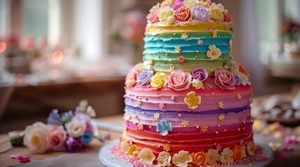 Detailed Wedding Cake with Colorful Icing and Floral Decorations on Elegant Table