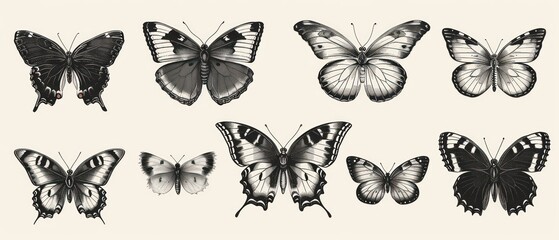 vintage butterflies in various colors and patterns, illustrated with cream background