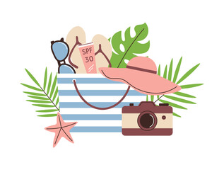 Women beach bag with accessories. Flip flops, sunglasses and sunscreen in bag. Vacation and holiday at sea. Camera and tropical leaves. Flat vector illustration isolated on white background.
