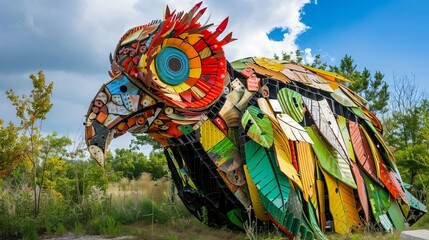 A public art installation made from recycled materials, showcasing creativity and environmental awareness
