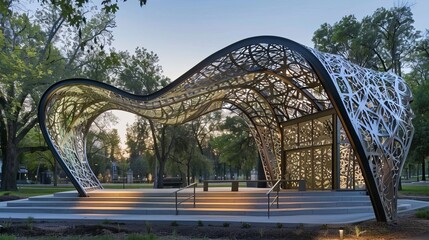 A public park pavilion made from recycled plastic and steel, providing a unique and ecofriendly gathering space