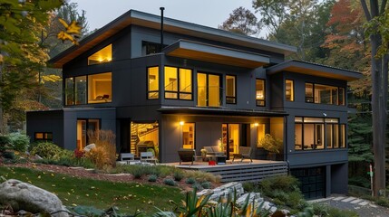A suburban passive house with energyefficient windows, natural shading elements, and a solar heating system