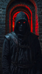 Portrait of a mysterious figure that stands in a dark dungeon wearing a black hood his glowing red eyes staring at the viewer
