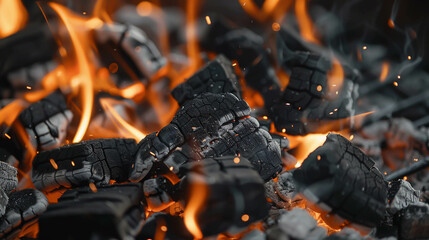 Glowing Hot Charcoal Briquettes in Fire