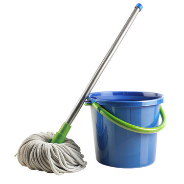 A blue bucket with a green handle sits next to a mop