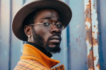 closeup portrait of black man in hat and glasses retro elegance fashion photo