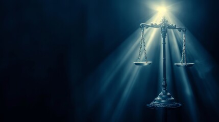 A serene image of the Scales of Justice illuminated by a single light source, casting a peaceful glow and emphasizing legal symbolism.